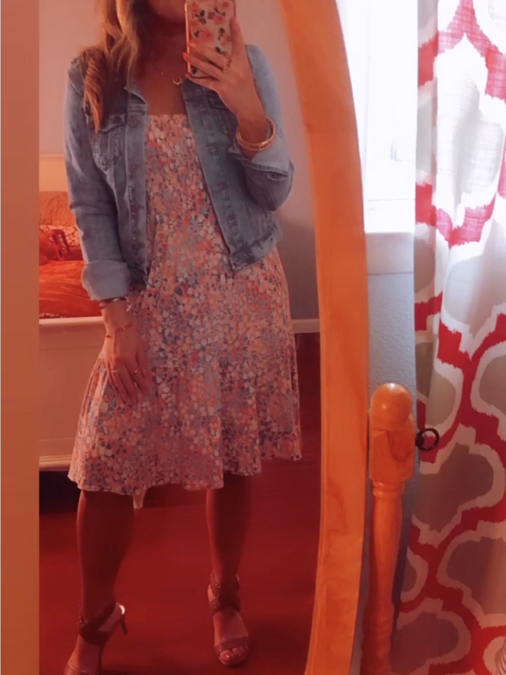LOFT Peach & Teal Floral Smocked Midi Dress
